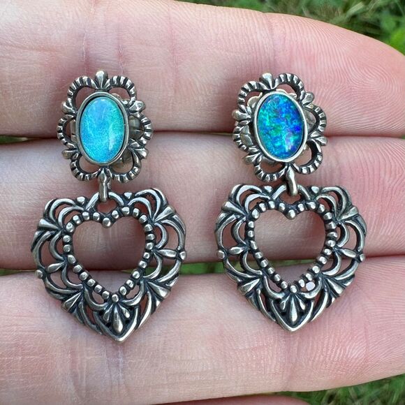 Carolyn Pollack 925 Sterling Silver Opal Heart Earrings, Filigree Dangles Relios - Picture 2 of 10